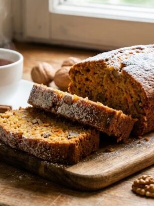 Ahşap bir mutfak tezgahı üzerinde dilimlenmiş, üzeri pudra şekerli taze havuçlu tarçınlı cevizli kek; yanında bütün havuçlar, cevizler, tarçın çubukları ve buharı tüten bir fincan çay.