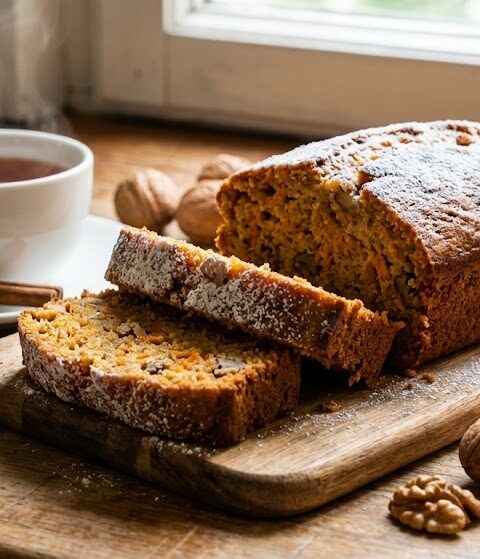 Ahşap bir mutfak tezgahı üzerinde dilimlenmiş, üzeri pudra şekerli taze havuçlu tarçınlı cevizli kek; yanında bütün havuçlar, cevizler, tarçın çubukları ve buharı tüten bir fincan çay.