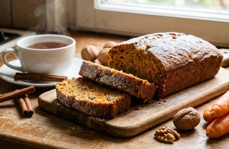 Ahşap bir mutfak tezgahı üzerinde dilimlenmiş, üzeri pudra şekerli taze havuçlu tarçınlı cevizli kek; yanında bütün havuçlar, cevizler, tarçın çubukları ve buharı tüten bir fincan çay.
